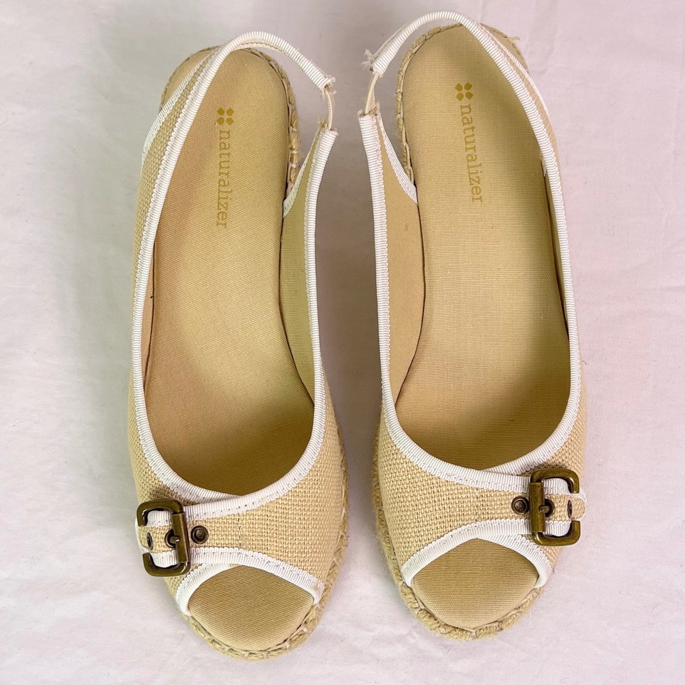 Naturalizer Sherene Espadrille Wedge 7.5M Beige Slingback Peep Toe Sandals